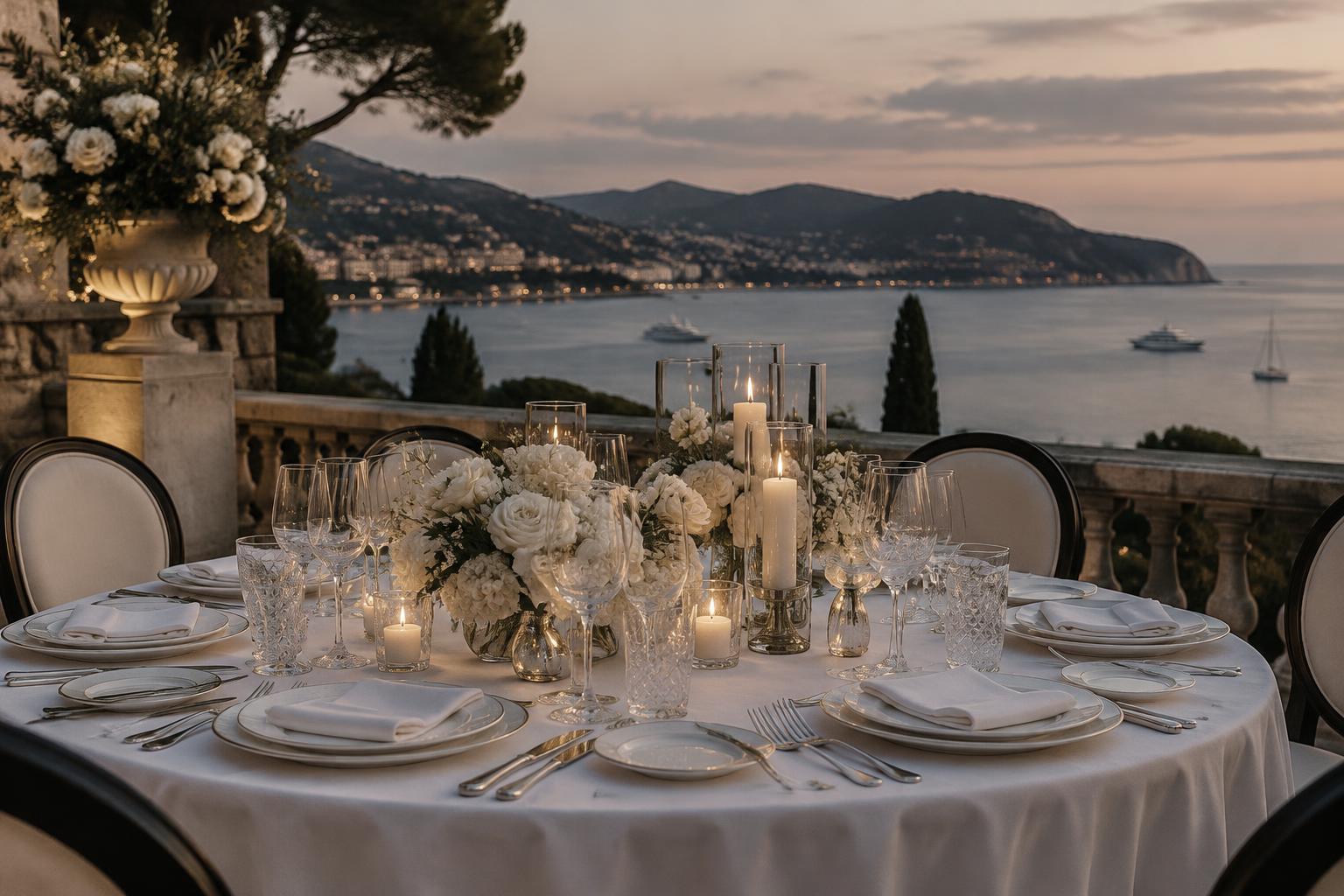 A candlelit gala table on a Riviera terrace overlooking the water